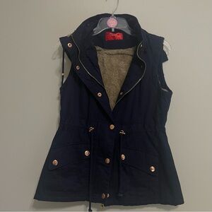 Women's Navy Vest with Copper Snap Buttons Accents Size small removable hood